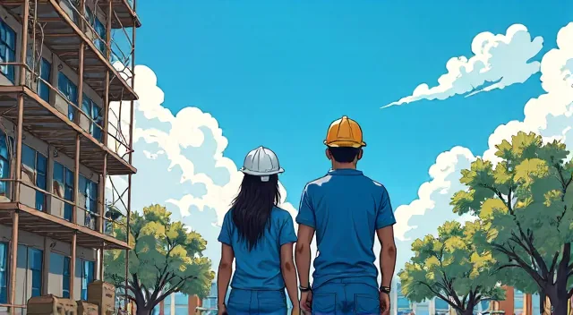 Casal brasileiro em frente a prédio em construção, segurando documentos, expressão séria e esperançosa, cenário urbano ensolarado
